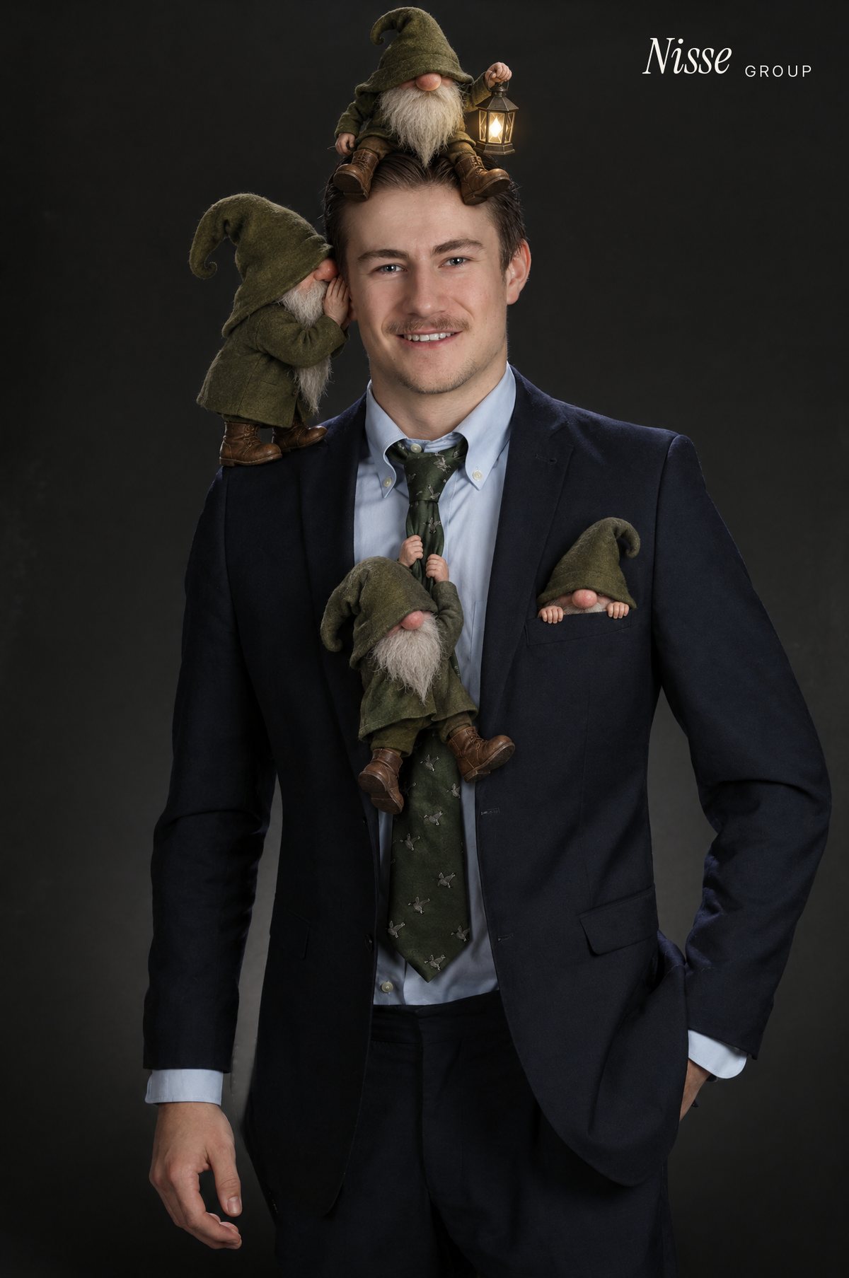 Karel Nijzink, founder of Nisse Group, in a navy suit, with four small nisse: one sitting on his head holding a lantern, one whispering in his ear from his shoulder, one hanging from his tie, one peeking out of his chest pocket.